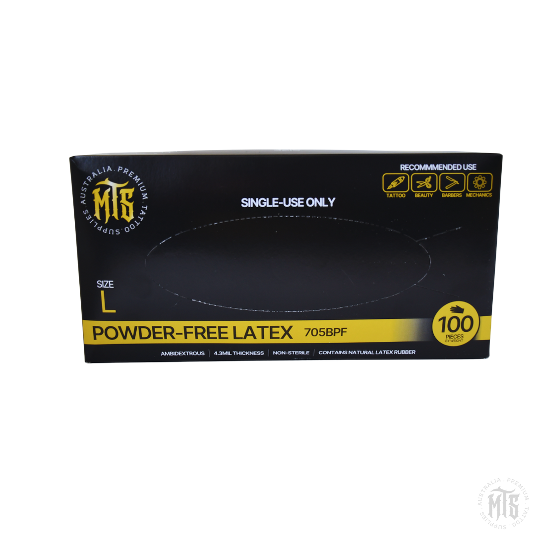 Box of powder-free latex gloves with visible branding and text on a white background