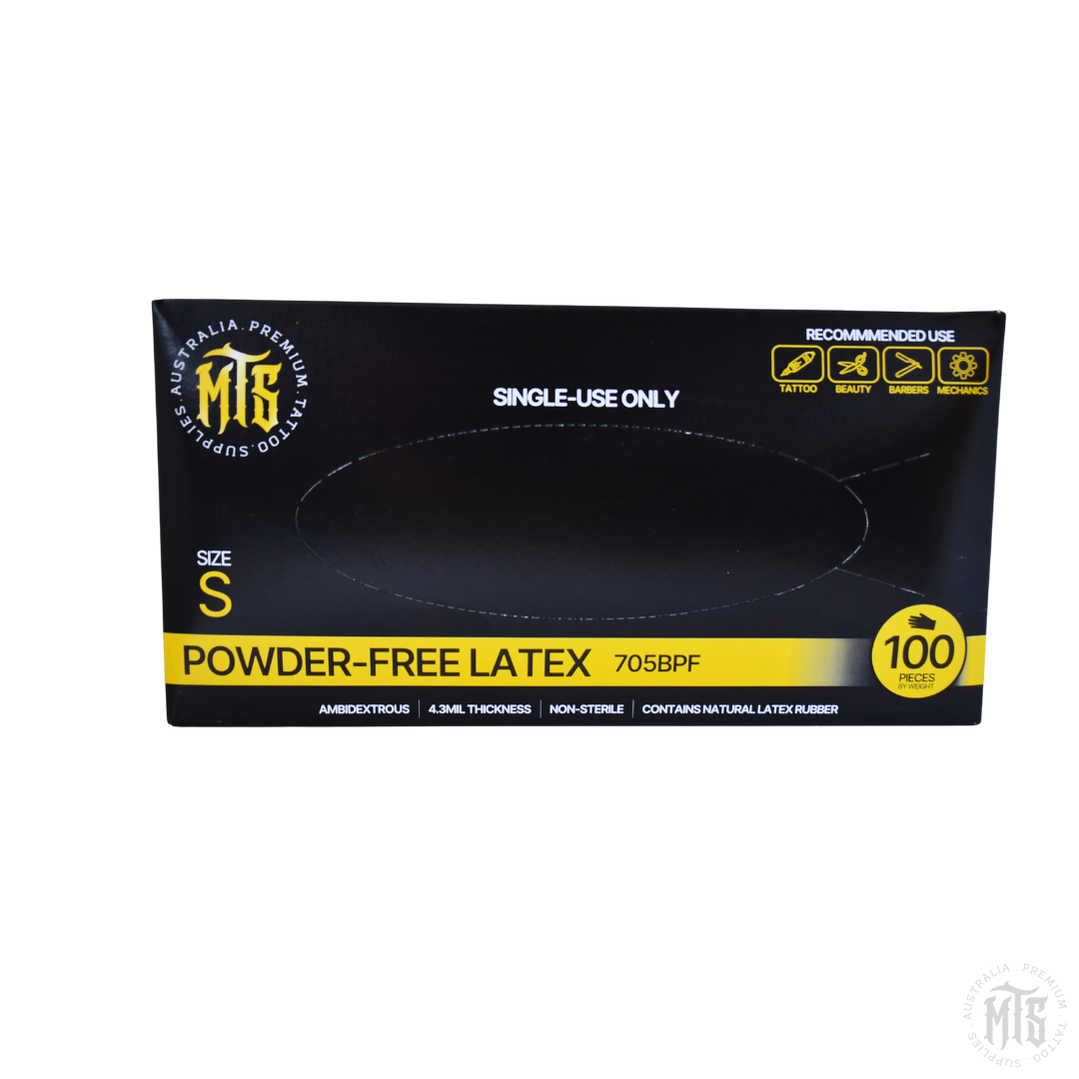 Box of powder-free latex gloves with visible branding on a white background