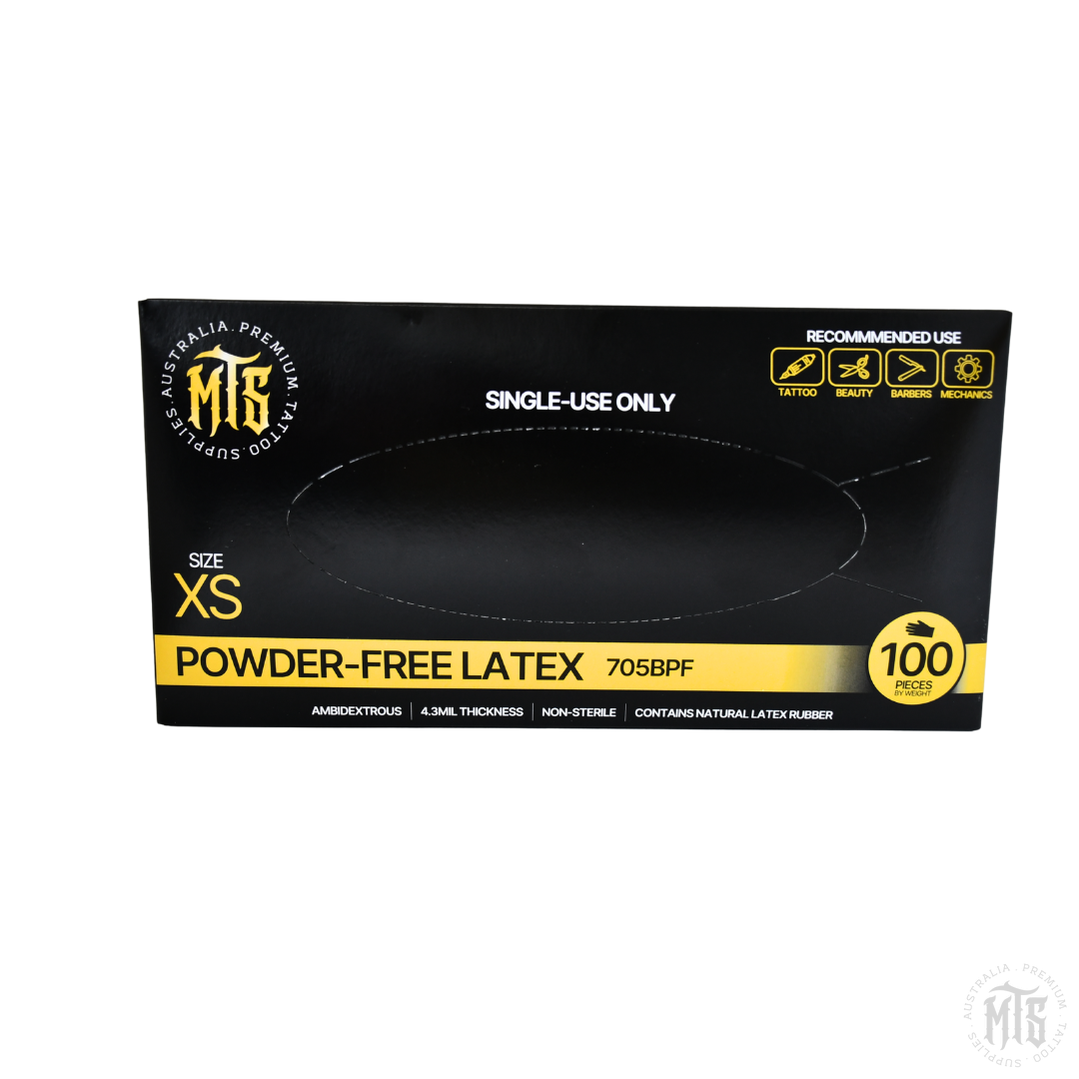 Box of powder-free latex gloves with black and yellow design on a white background