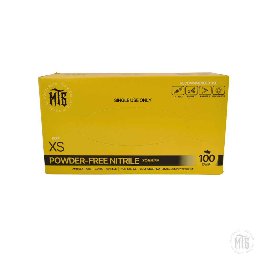 Box of powder-free nitrile gloves with yellow packaging on a white background