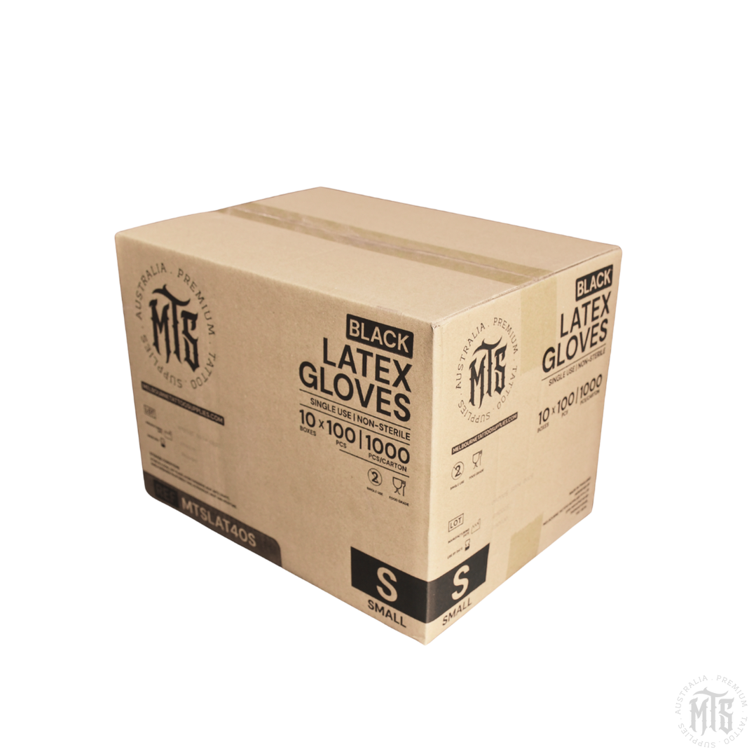 Cardboard box of black latex gloves on a white background