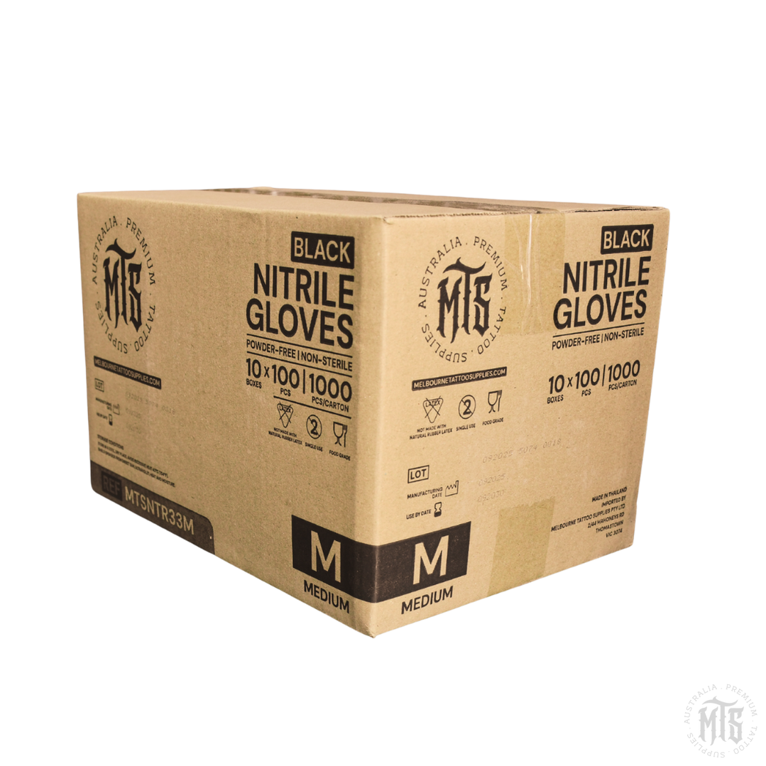 Box of MTS black nitrile gloves on a white background