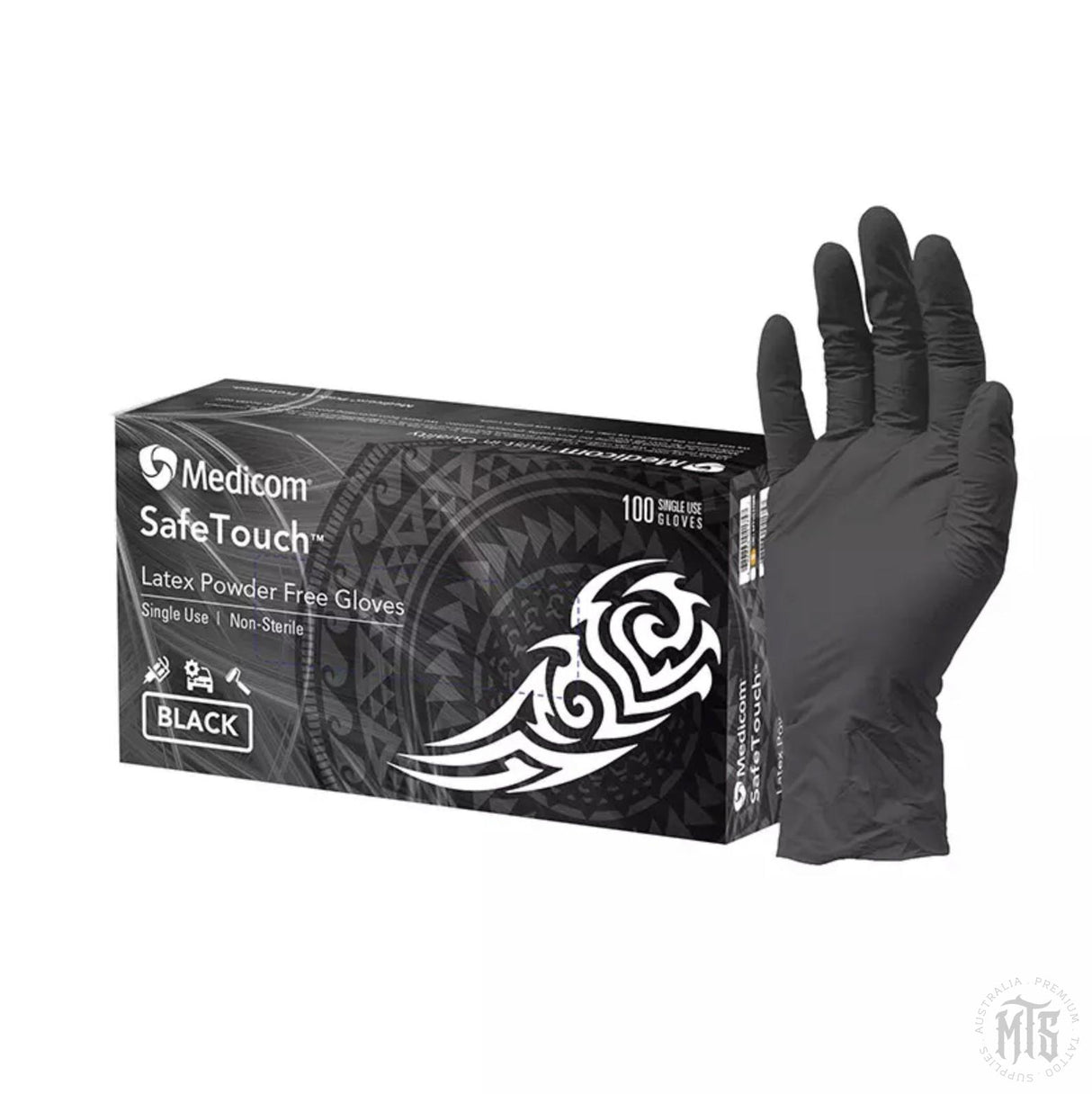 Medicom Safe Touch Black Latex Gloves, Powder Free-Consumables-Medicom-XS-single (1 box of 100)-Melbourne Tattoo Supplies