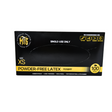 Box of powder-free latex gloves with black and yellow design on a white background