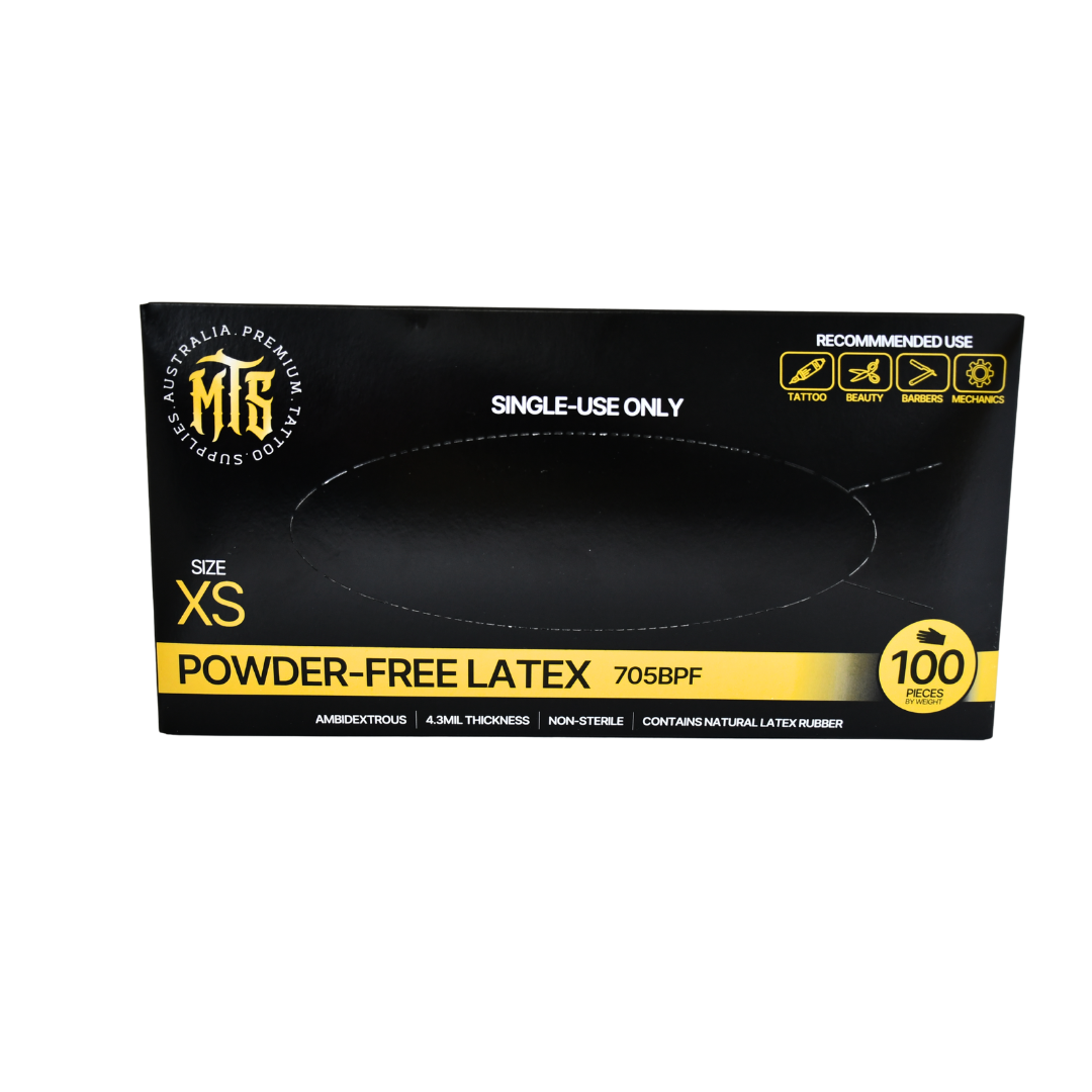 Box of powder-free latex gloves with black and yellow design on a white background