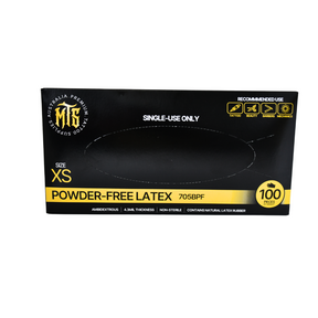 Box of powder-free latex gloves with black and yellow design on a white background