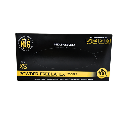 Box of powder-free latex gloves with black and yellow design on a white background