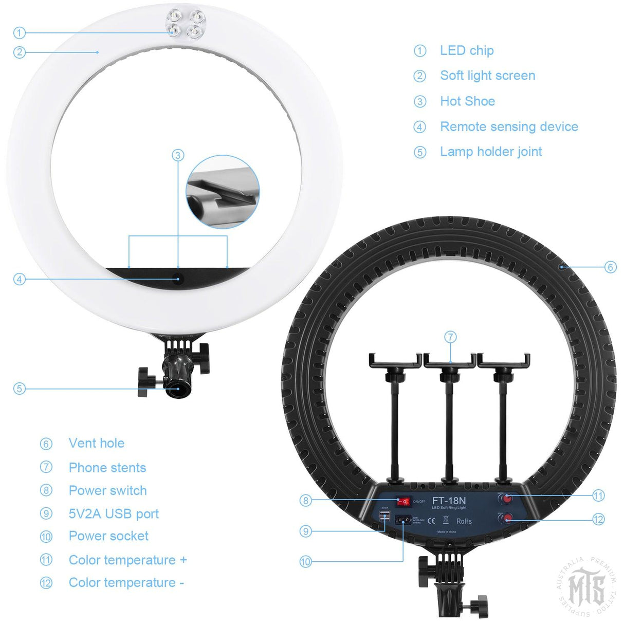 18" Ring light w/ Wall mounted lamp stand-Furniture-Fosoto-Melbourne Tattoo Supplies