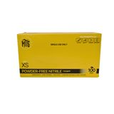 Box of powder-free nitrile gloves with yellow packaging on a white background