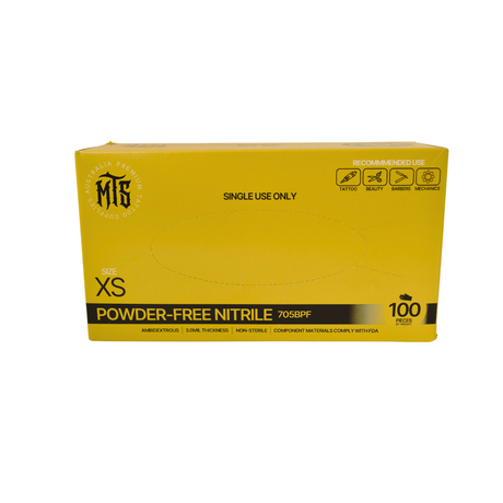 Box of powder-free nitrile gloves with yellow packaging on a white background