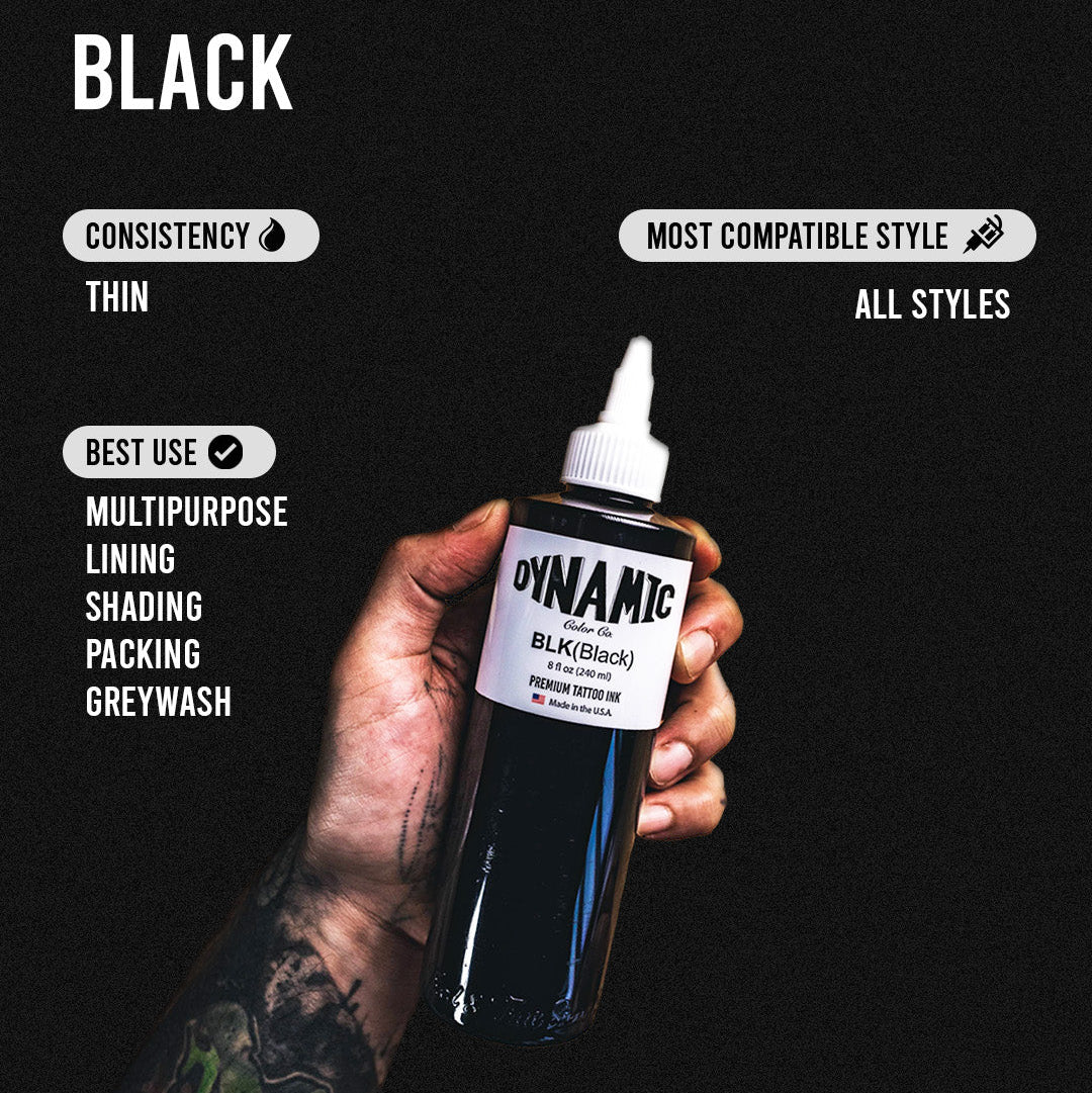 Bottle of Dynamic Black tattoo ink held by a tattoo artist with product details on a black background.