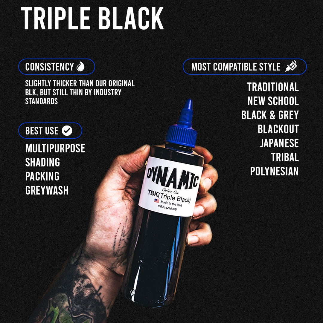 Bottle of Dynamic Tattoo Ink Triple Black held by a tattoo artist with product details on a black background.