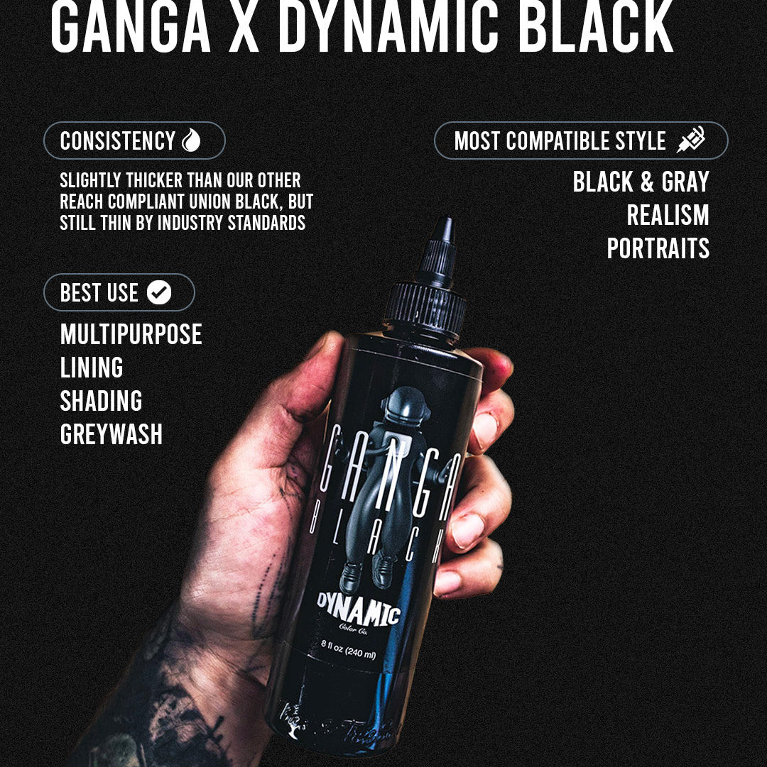 Ganga X Dynamic Black ink bottle held in a hand with product details on a black background