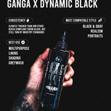 Ganga X Dynamic Black ink bottle held in a hand with product details on a black background