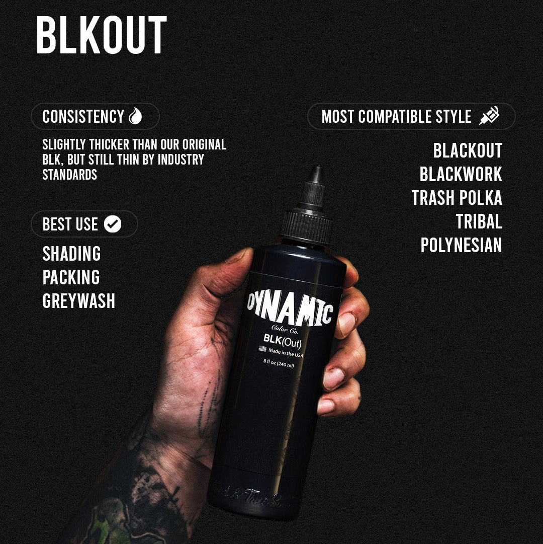 Hand holding a bottle of Dynamic Blackout tattoo ink with product details on a black background