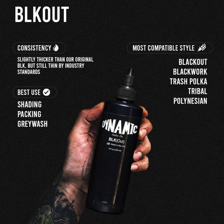 Hand holding a bottle of Dynamic Blackout tattoo ink with product details on a black background