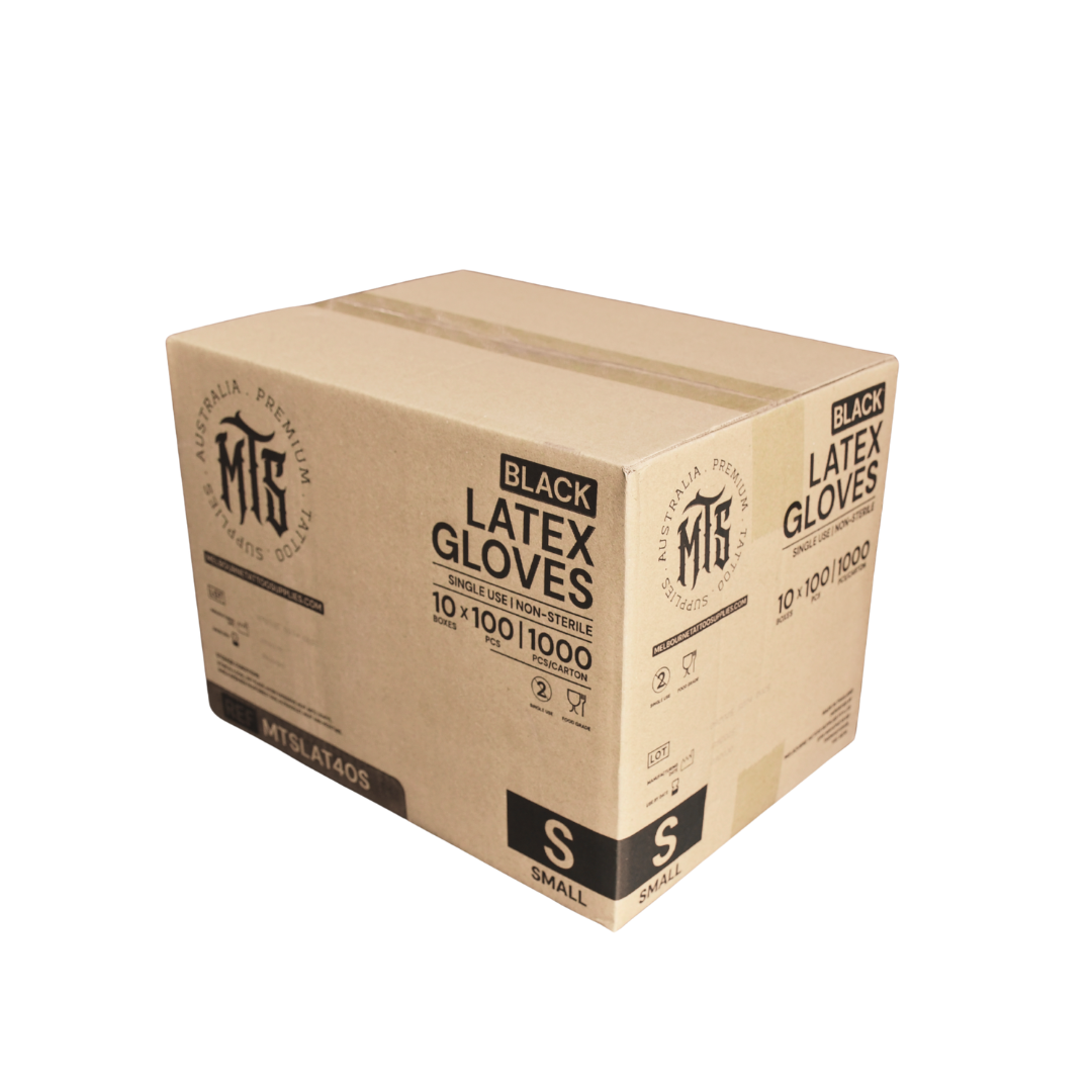 Cardboard box of black latex gloves on a white background