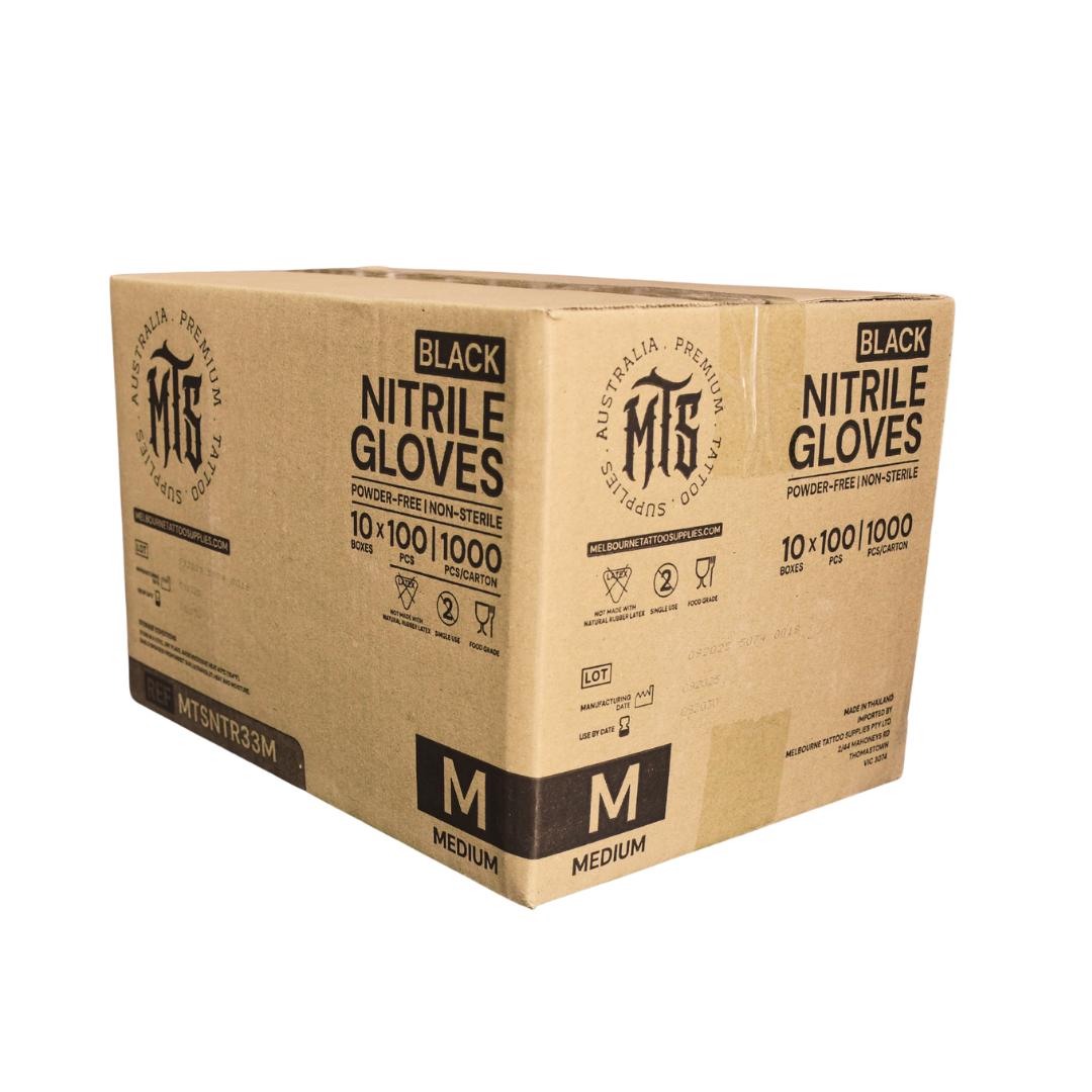 Box of MTS black nitrile gloves on a white background