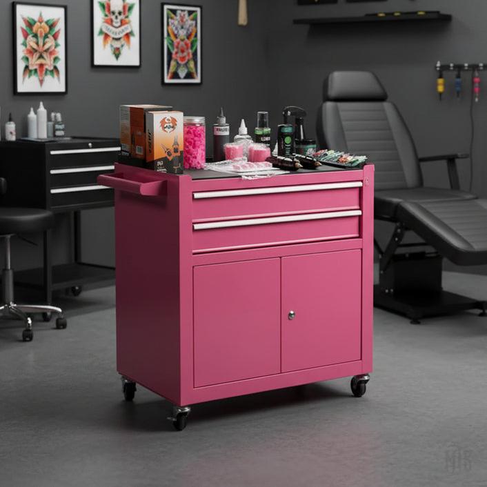Pink tool cart with various items on a white background