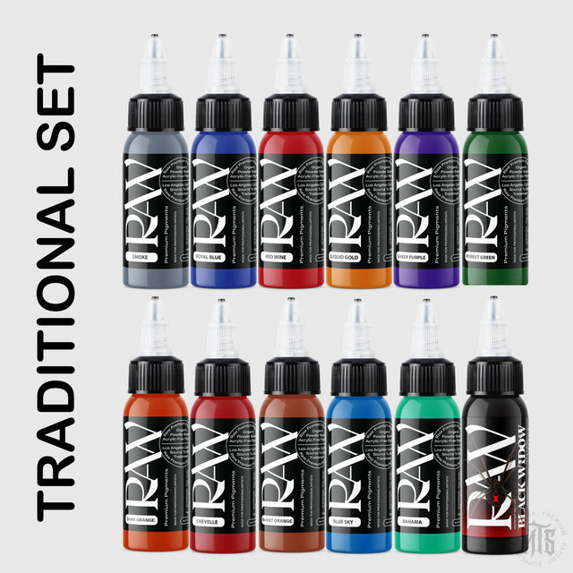 Traditional set (12 colors) - Raw-tattoo ink-Raw Pigments-1oz-Melbourne Tattoo Supplies