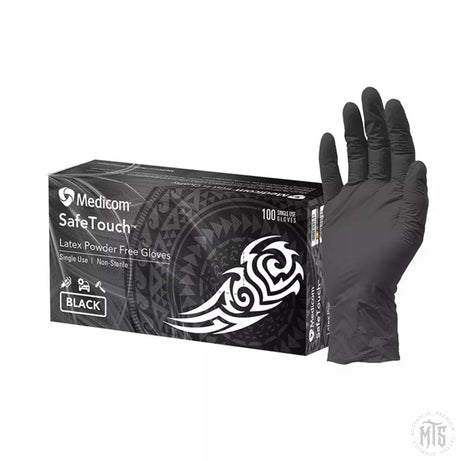 Medicom Safe Touch Black Latex Gloves, Powder Free-Consumables-Medicom-XS-single (1 box of 100)-Melbourne Tattoo Supplies