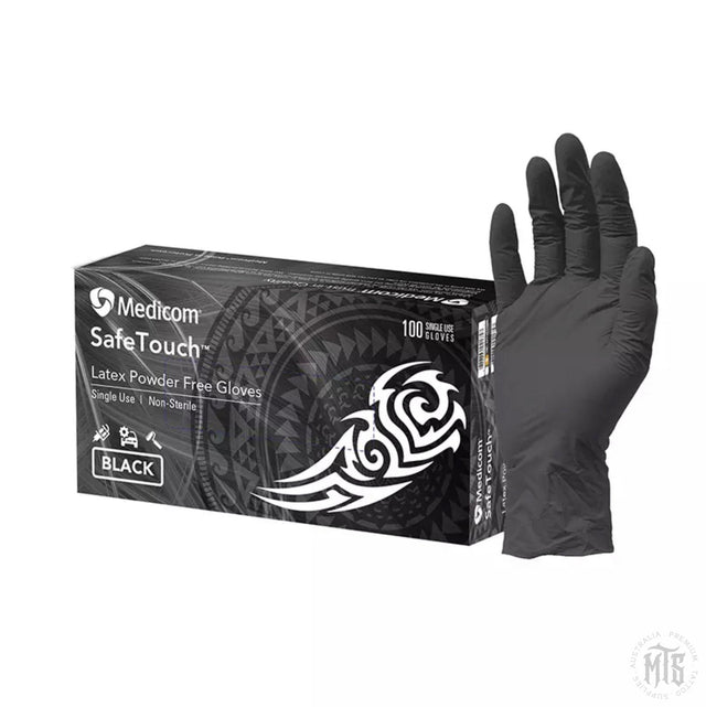 Medicom Safe Touch Black Latex Gloves, Powder Free-Consumables-Medicom-XS-single (1 box of 100)-Melbourne Tattoo Supplies